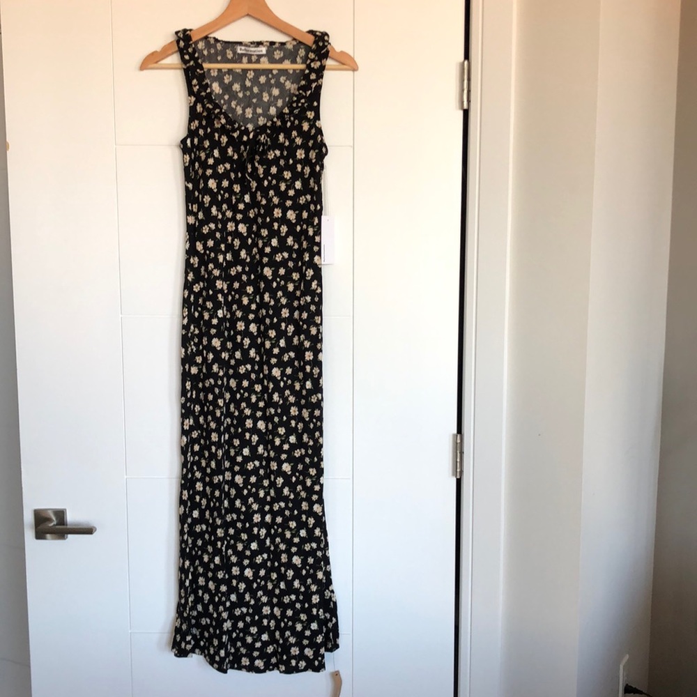 Reformation Black Floral Midi Dress with Cream Flowers